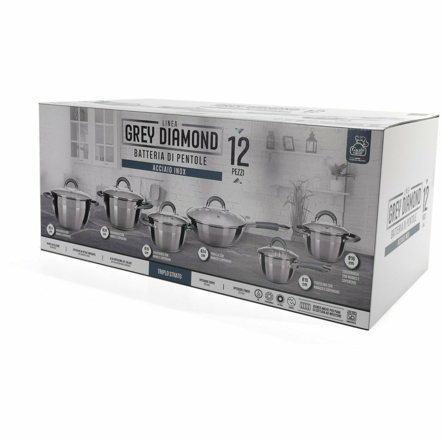GUSTO CASA - Batteria di pentole a induzione 12 pezzi Linea Grey Diamond