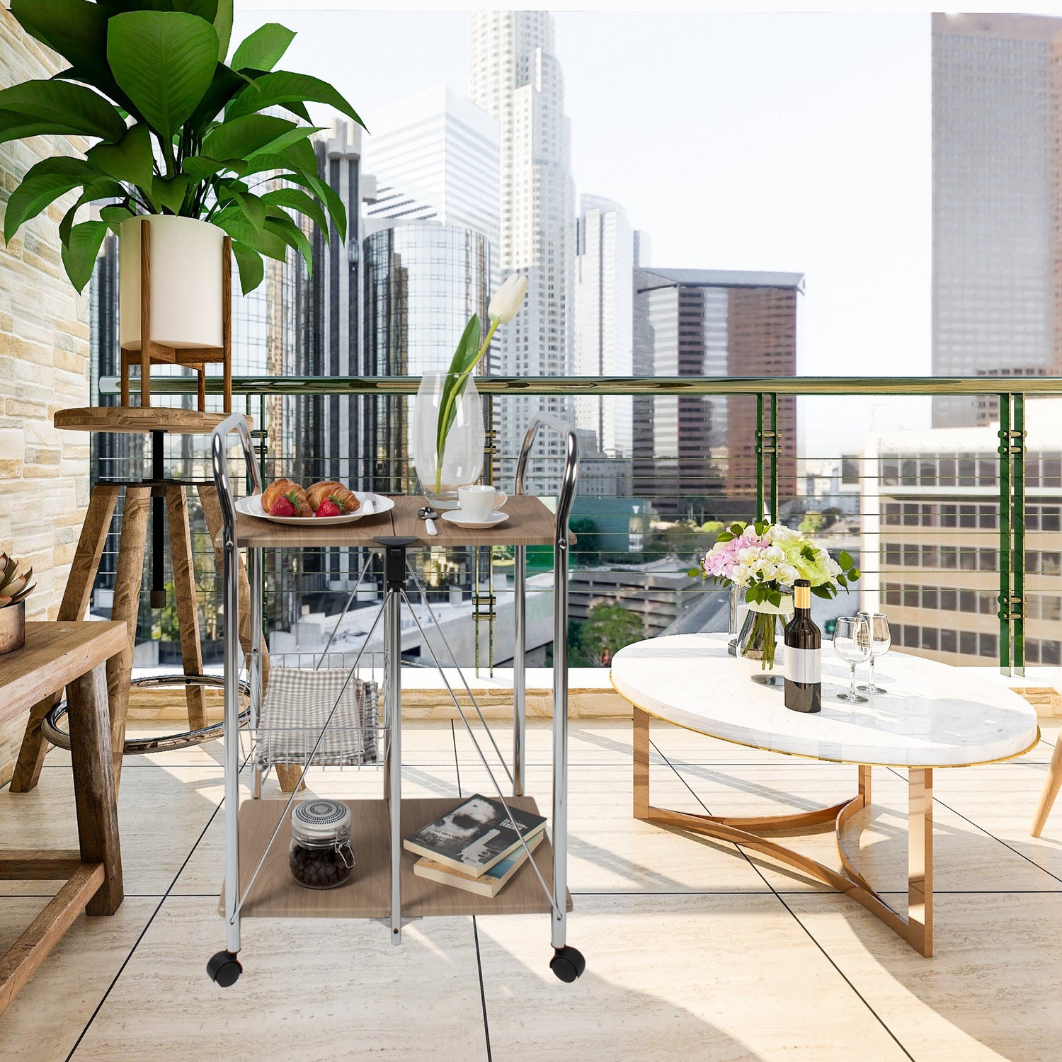 VESTIAMO CASA - Carrello multiuso legno naturale in acciaio cromato Karry&Go - h91x58x43 cm