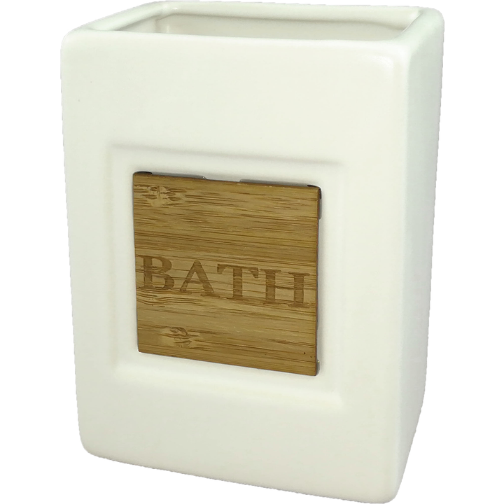 VESTIAMO CASA - Bicchiere porta spazzolini bianco con bamboo da bagno