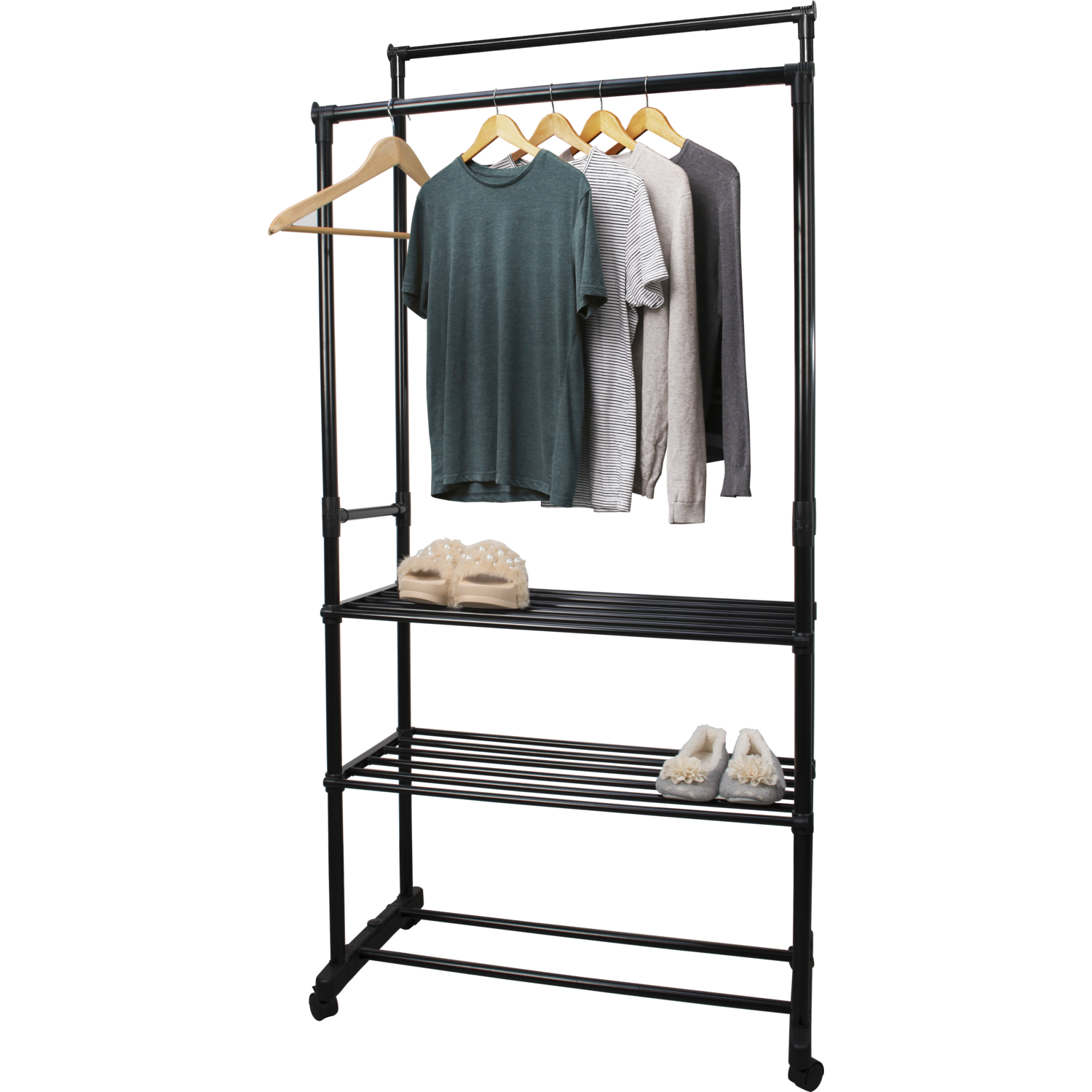 VESTIAMO CASA - Appendiabiti nero con 2 ripiani e poggia scarpe - h165x78,5x41,5 cm