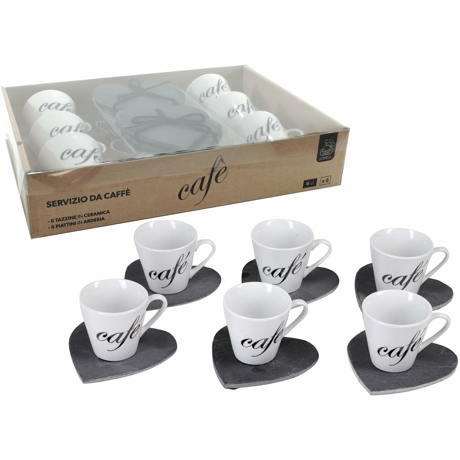 GUSTO CASA - Servizio da caffè in ceramica 6 tazzine con piattini in ardesia