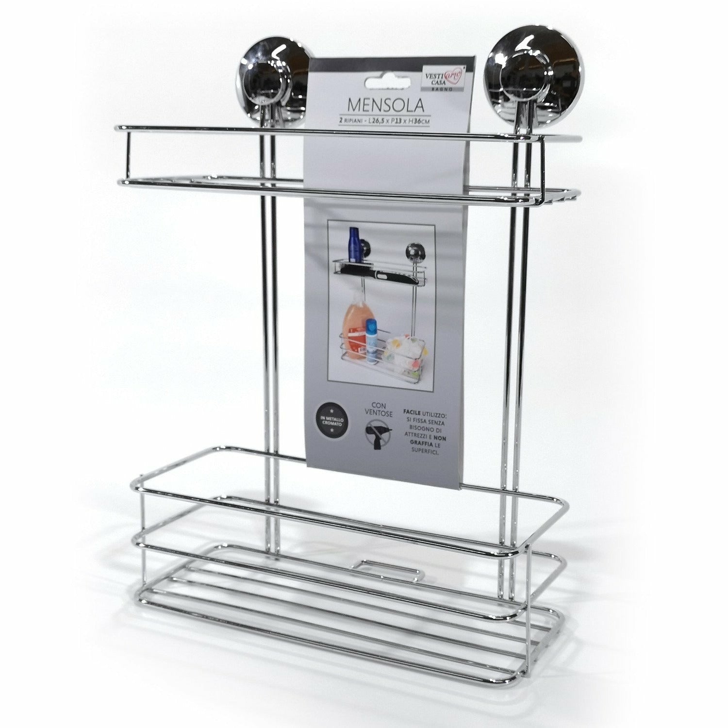 VESTIAMO CASA - Mensola Rettangolare 2 Ripiani con Ventosa - h36x26,5x13 cm