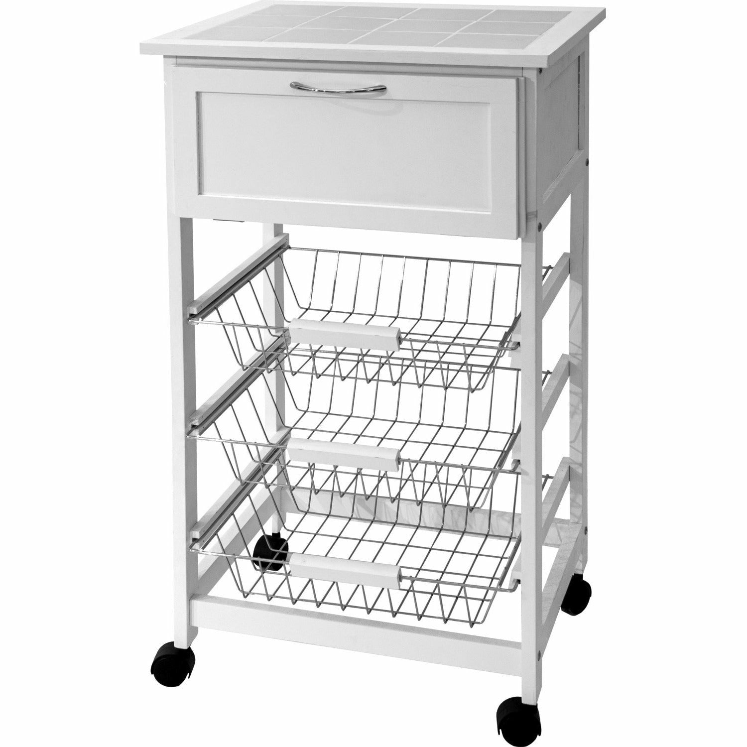 VESTIAMO CASA - Carrello in legno bianco con 3 cestelli estraibili con cassetto - h85cm