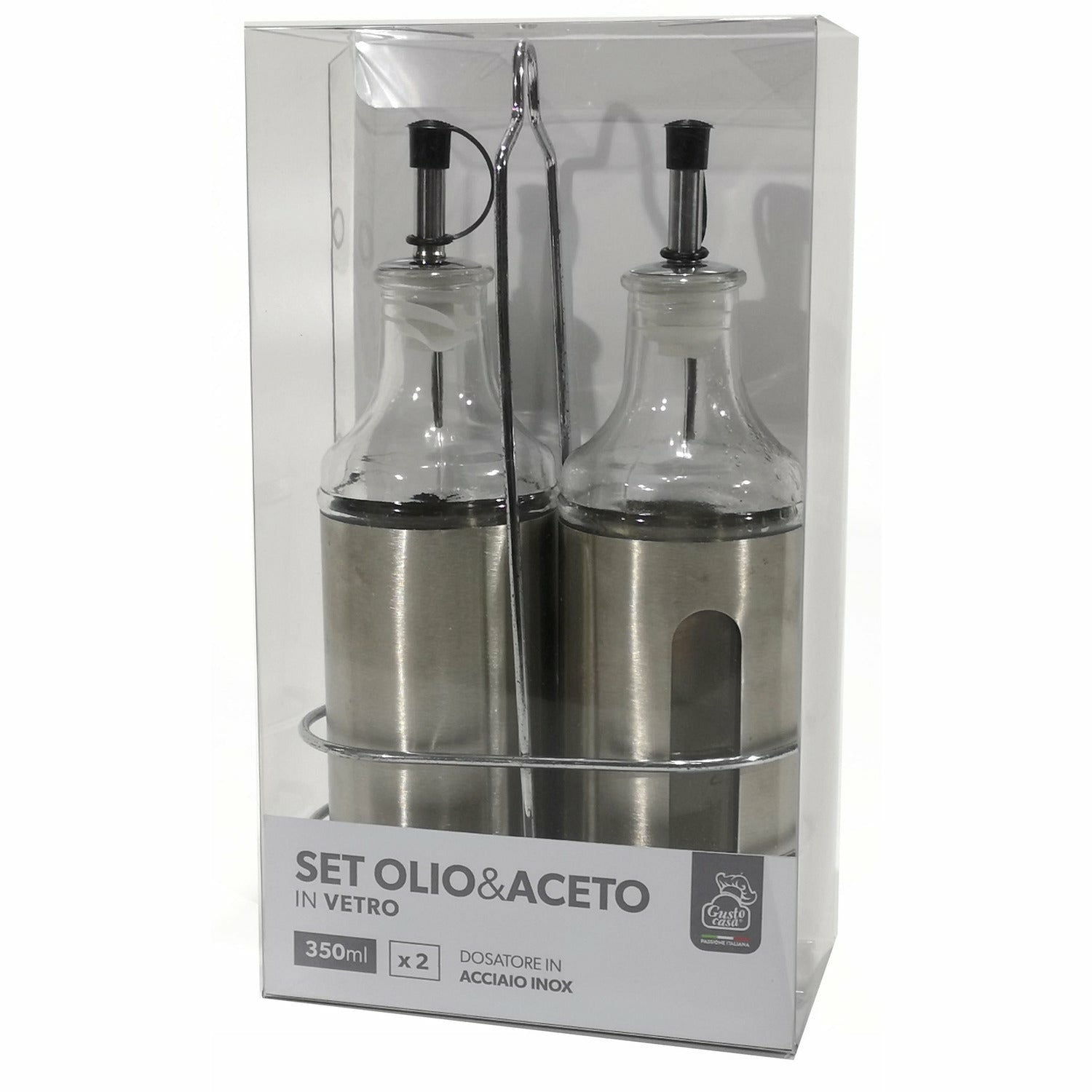 Set 2 Dispenser Olio E Aceto In Vetro 500 Ml Con Supporto – Beccucci Acciaio Inox, Colore Nero