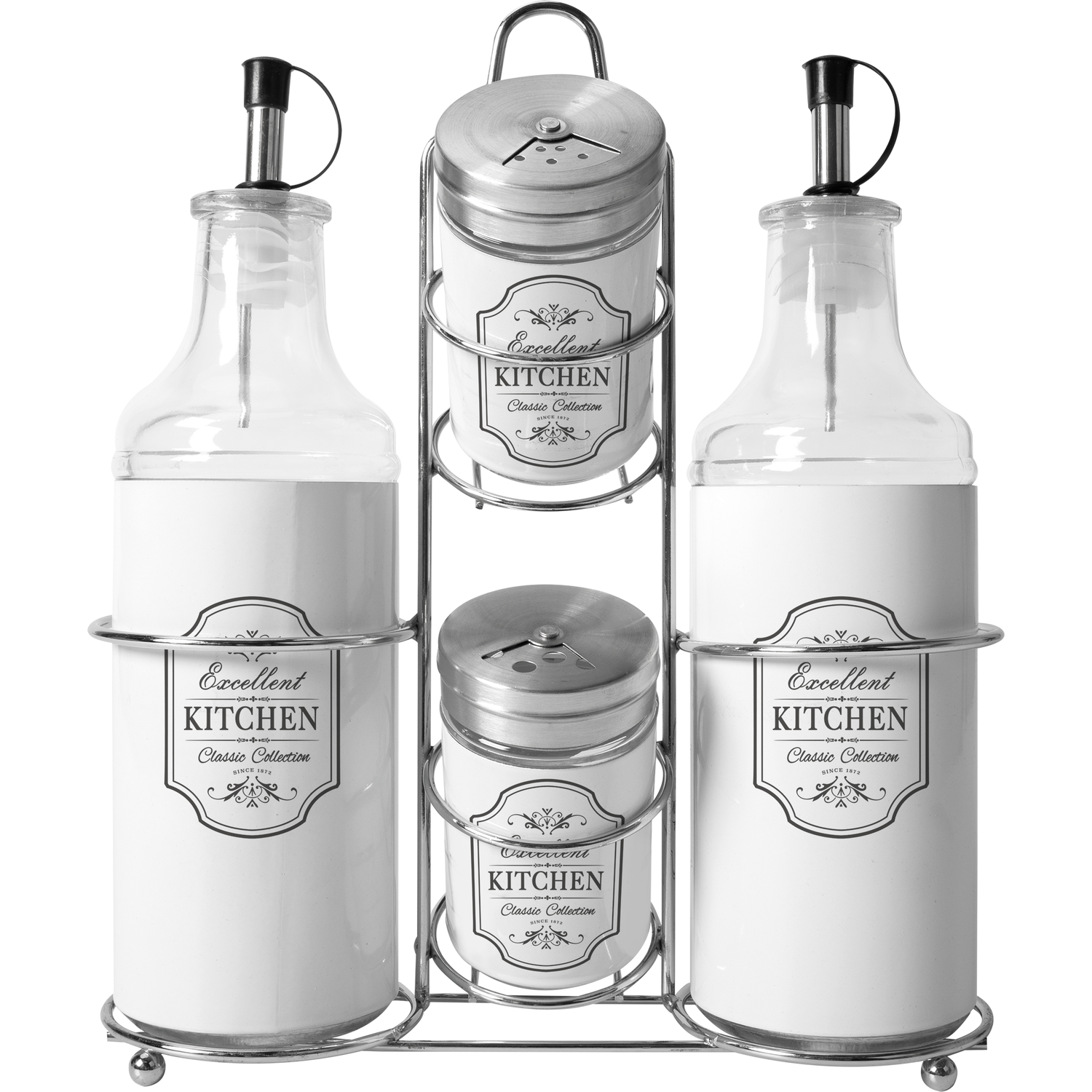 GUSTO CASA - Set menage 4 contenitori in vetro e latta colore bianco con stand