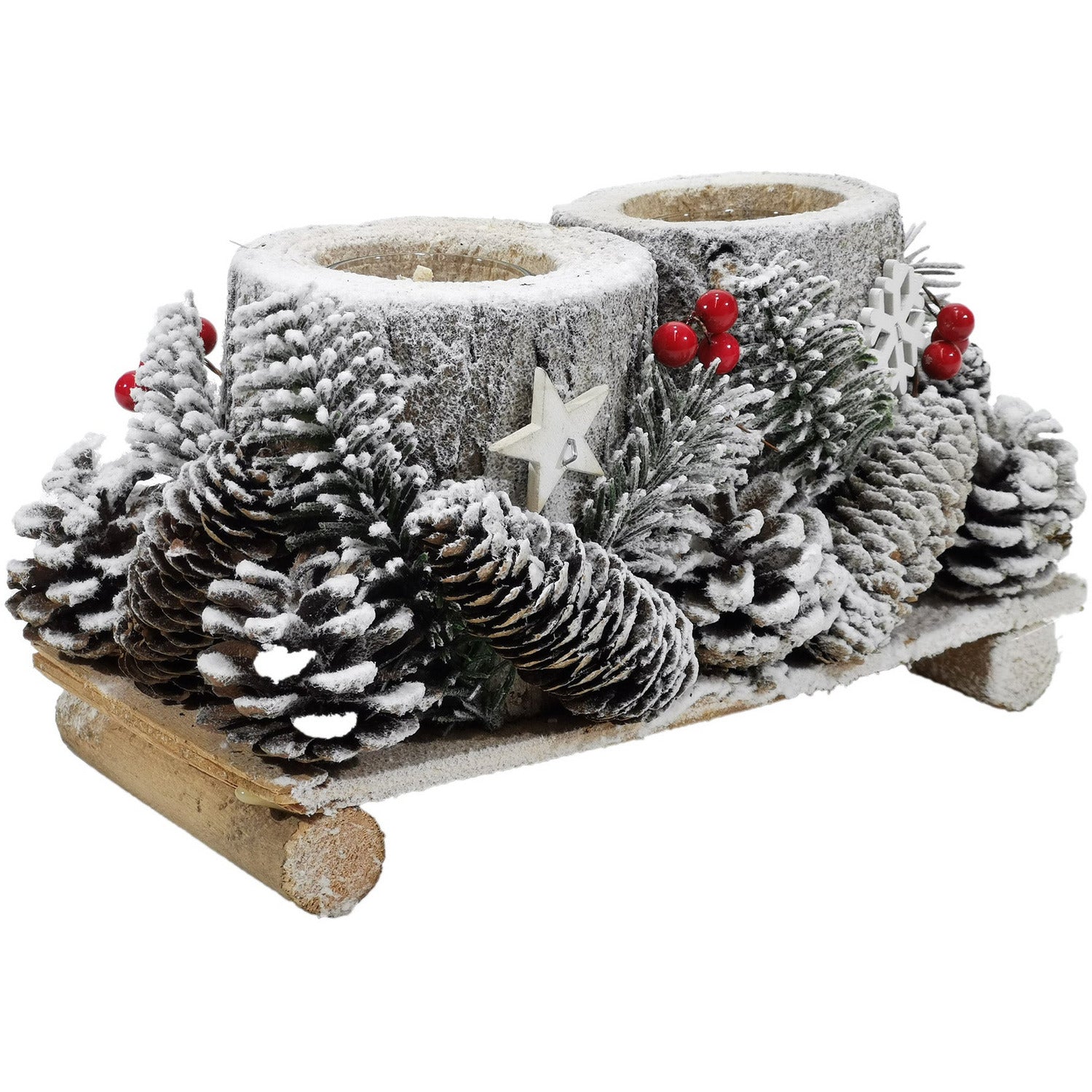 VESTIAMO CASA GRAN NATALE - Portacandele Natalizio 2 Posti con Pigne Innevate 24x12 cm