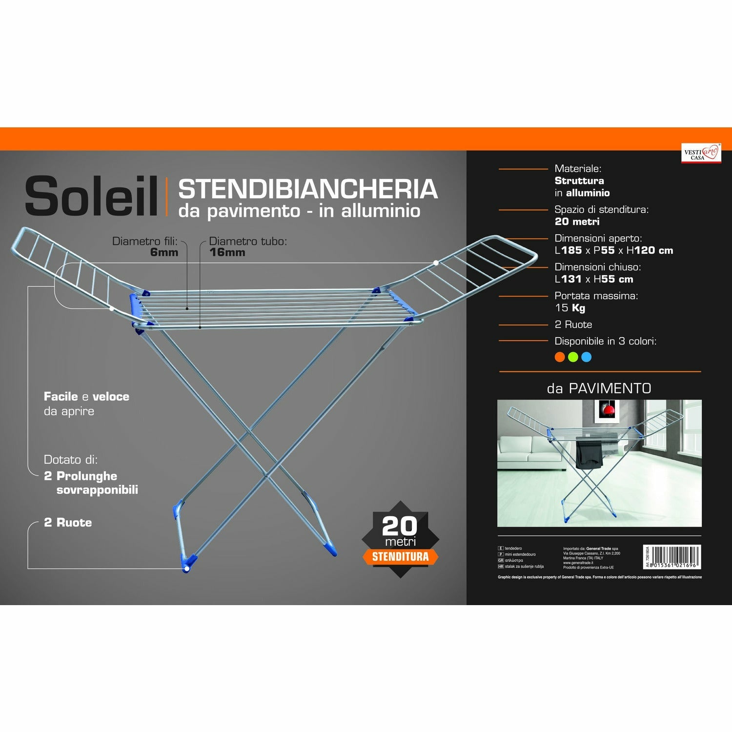 VESTIAMO CASA - Stendibiancheria da pavimento Soleil - 20 metri di stenditura