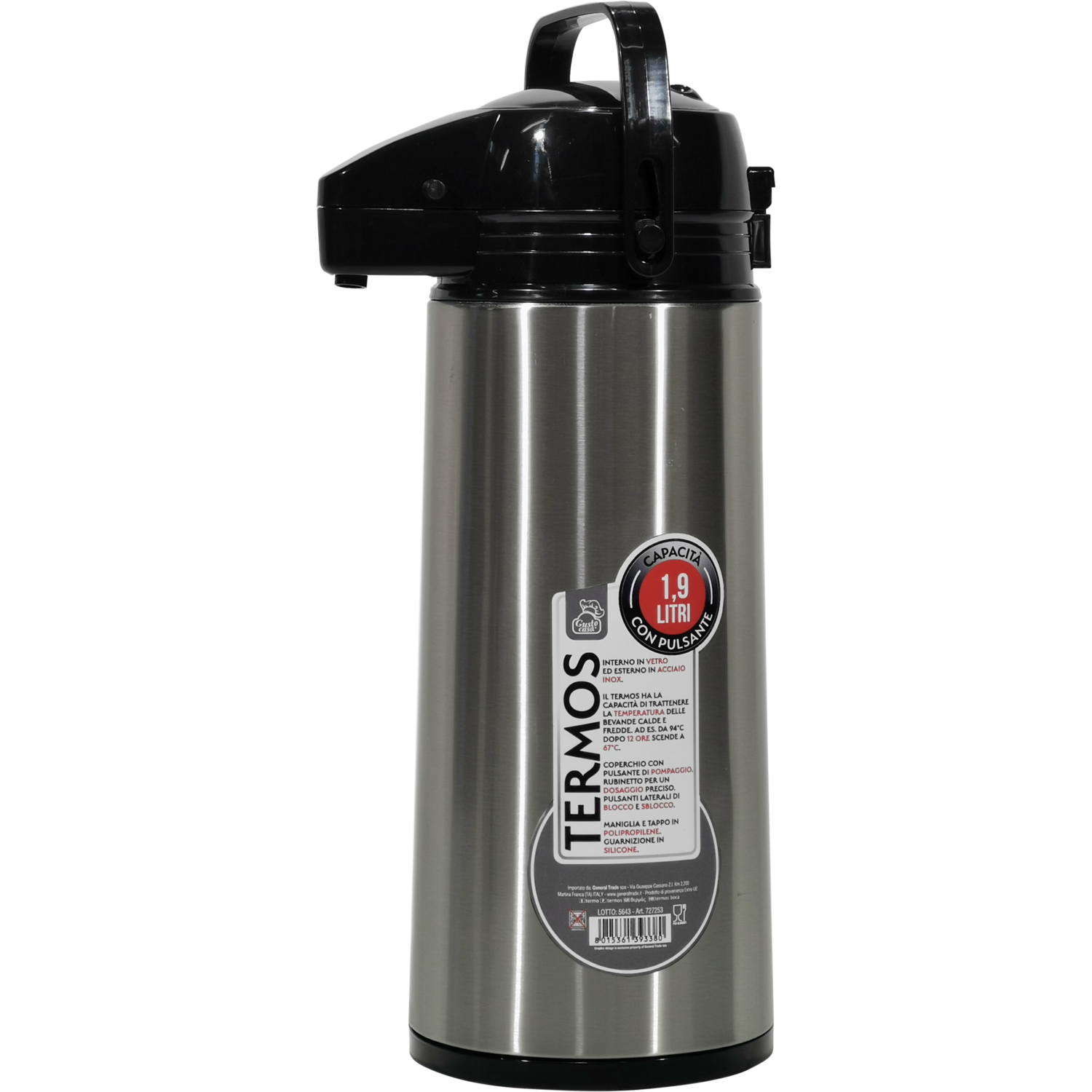 GUSTO CASA - Termos in acciaio inox con pulsante - 1,9 litri