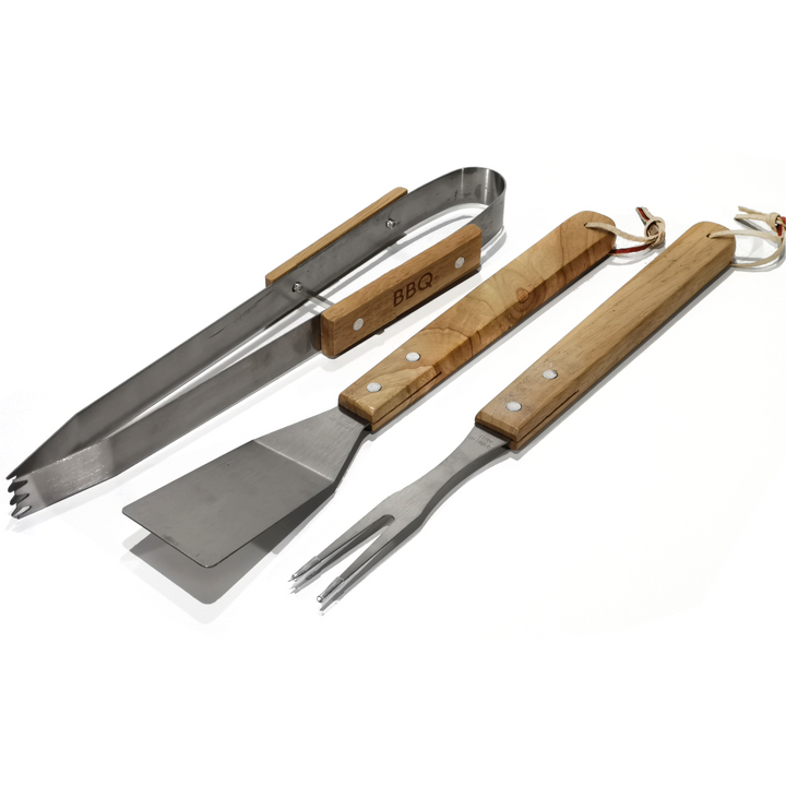 GUSTO CASA - Set BBQ 3 pezzi Utensili Barbecue in acciaio inox e manico in legno