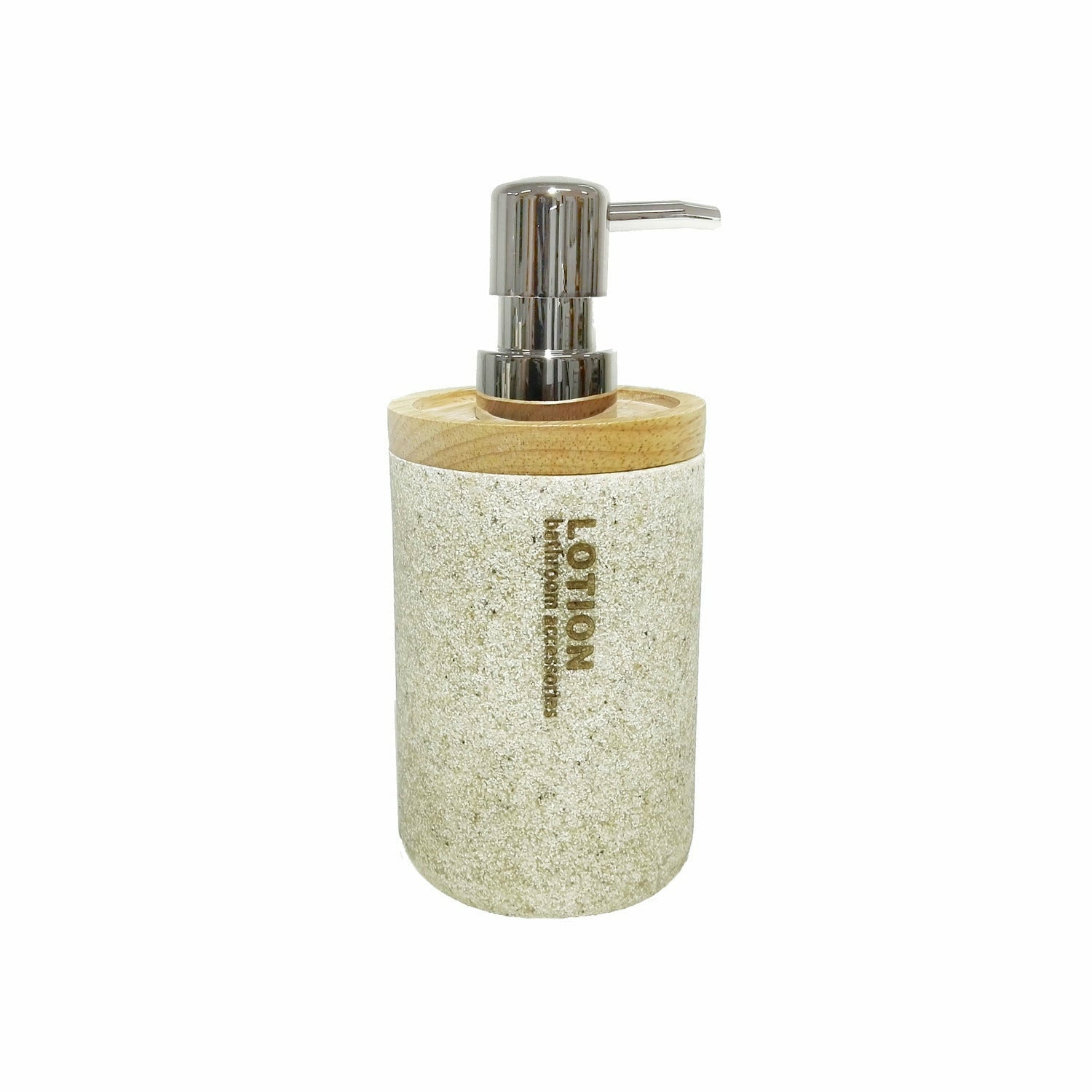 VESTIAMO CASA - Dispenser ricaricabile per sapone liquido colore beige e legno 350ml - h17 cm x diametro 7,5 cm