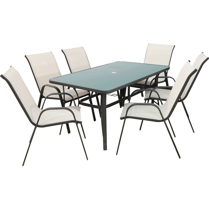 VESTIAMO CASA GIARDINO - Set Tavolo da giardino con top in vetro 150x90 cm in acciaio antracite con 6 sedie