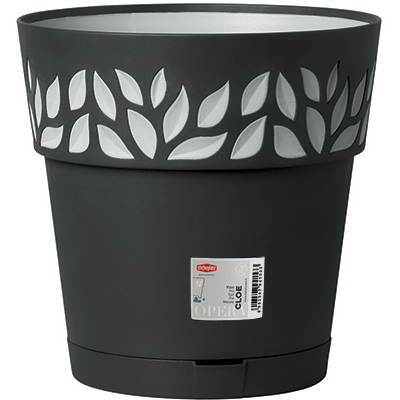 STEFANPLAST - Vaso decorato Cloe in plastica grafite con riserva d'acqua - h19 cm diametro 20 cm
