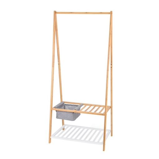 DOMOLIVING - Appendiabito in Legno di Bambù con ripiano scarpe e cesto - h160x70x45 cm