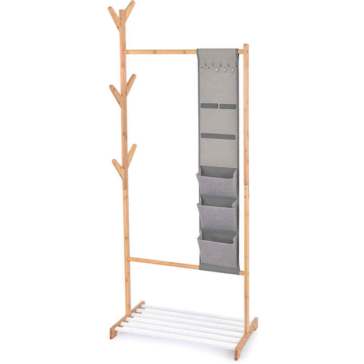 DOMOLIVING - Appendiabito in legno di bamboo con multitasca e ripiano scarpe - h160x70x45 cm