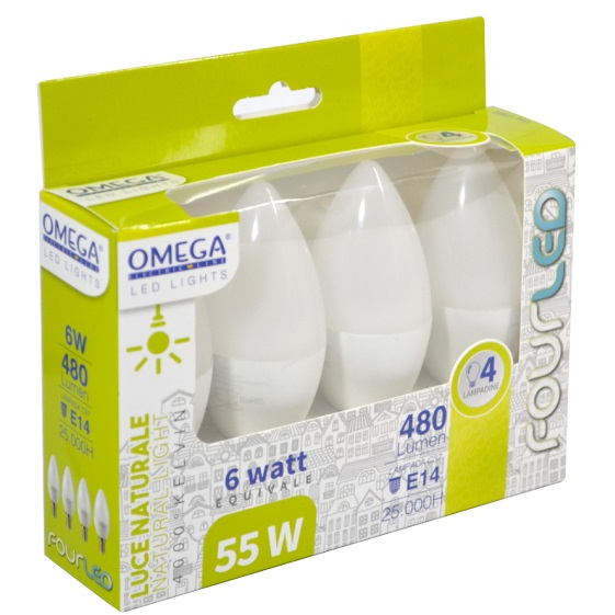 OMEGA - Set 4 Lampade Led a candela 6 Watt E14 4000°K