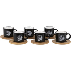 CASA COLLECTION - Servizio da caffè in stoneware 6 tazzine nero con piattino in bamboo Possible
