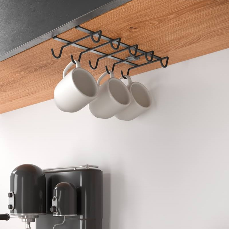 Porta Tazze Da Parete In Ferro Nero - Organizer Per Cucina Con Ganci - 43x14 Cm - Regalo Per Amanti Del Caffè - 4